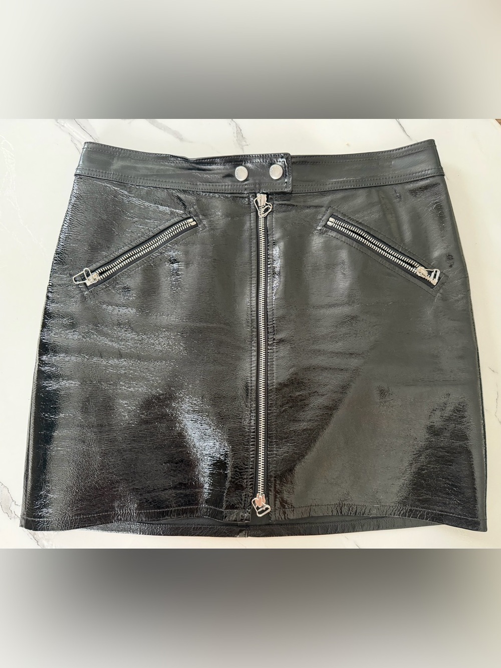 rag & bone Black Patent Zip-Front A-Line Skirt